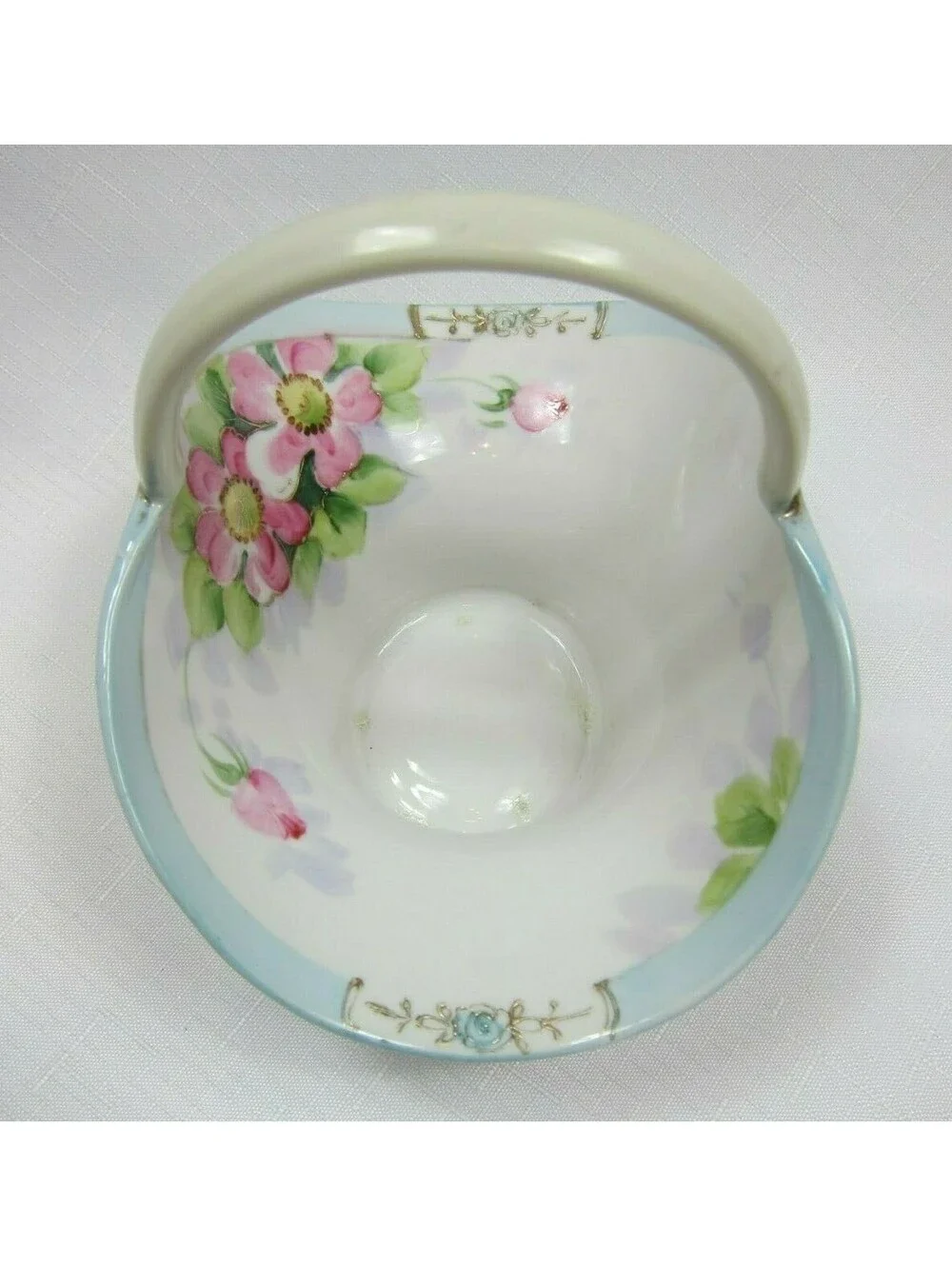 Antique 1911-1921 Nippon Hand Painted Toothpick Basket Pink Floral, Gold & Blue